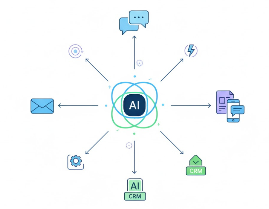 AI-chatbot workflow som viser hvordan chatboter kobles til CRM, e-post, meldinger og automatikk