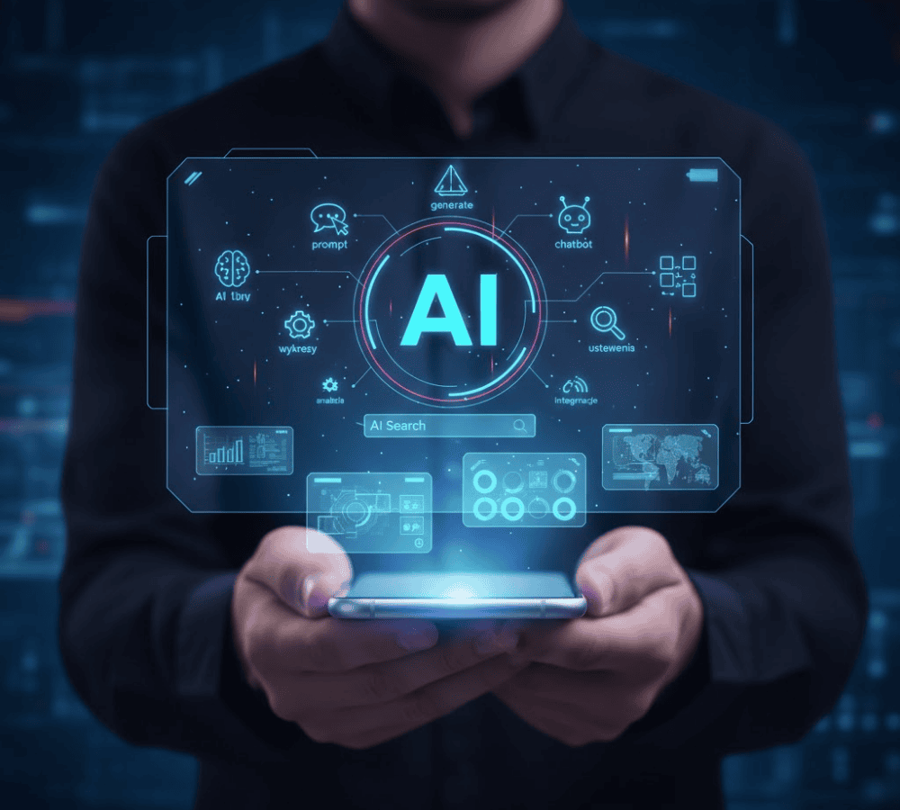 Holografisk AI-grensesnitt som svever over en mobiltelefon – symboliserer moderne automatisering, chatbotter og intelligente arbeidsflyter.