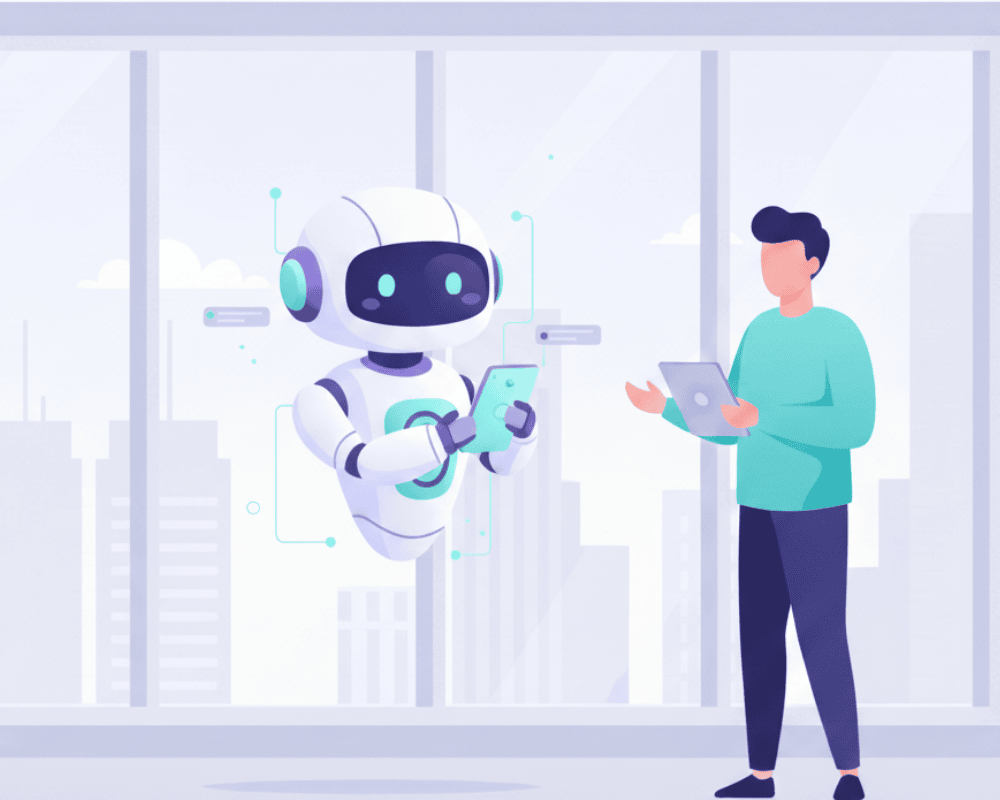 AI-chatbot som kommuniserer med en bruker i et moderne kontorlandskap.