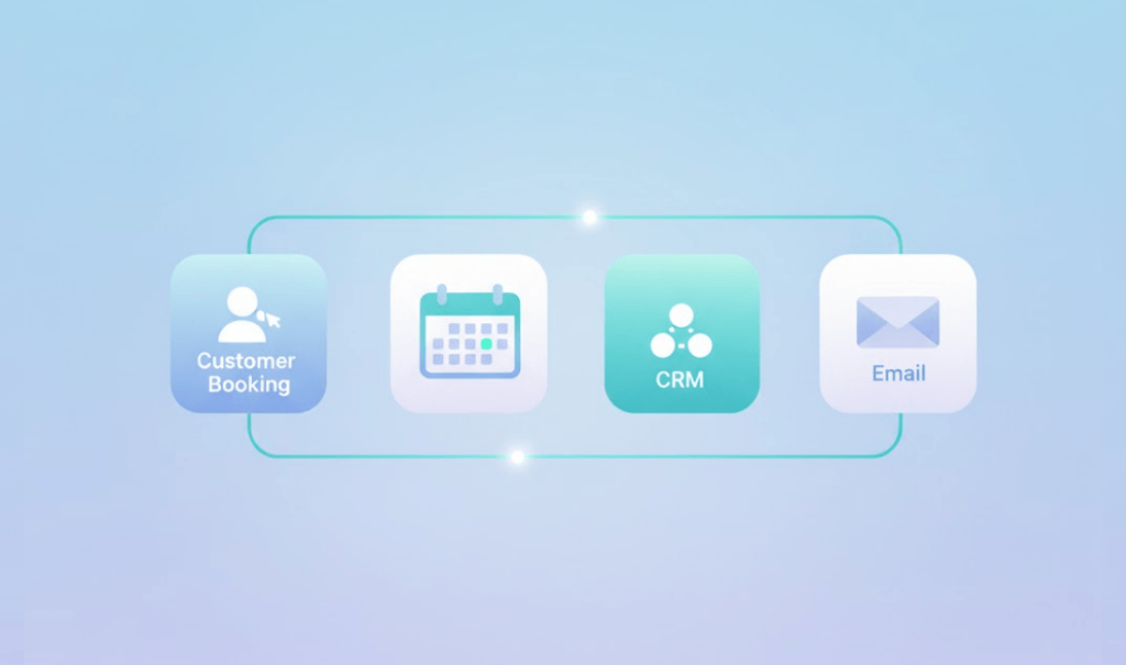 Illustrasjon av systemintegrasjon mellom booking, kalender, CRM og e-post.