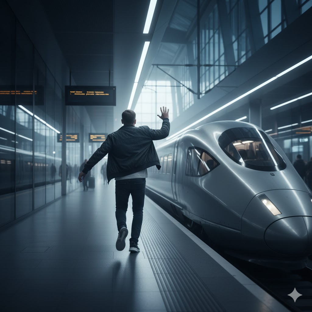 Mann som løper etter et høyhastighetstog – symbol på AI-toget som allerede har gått