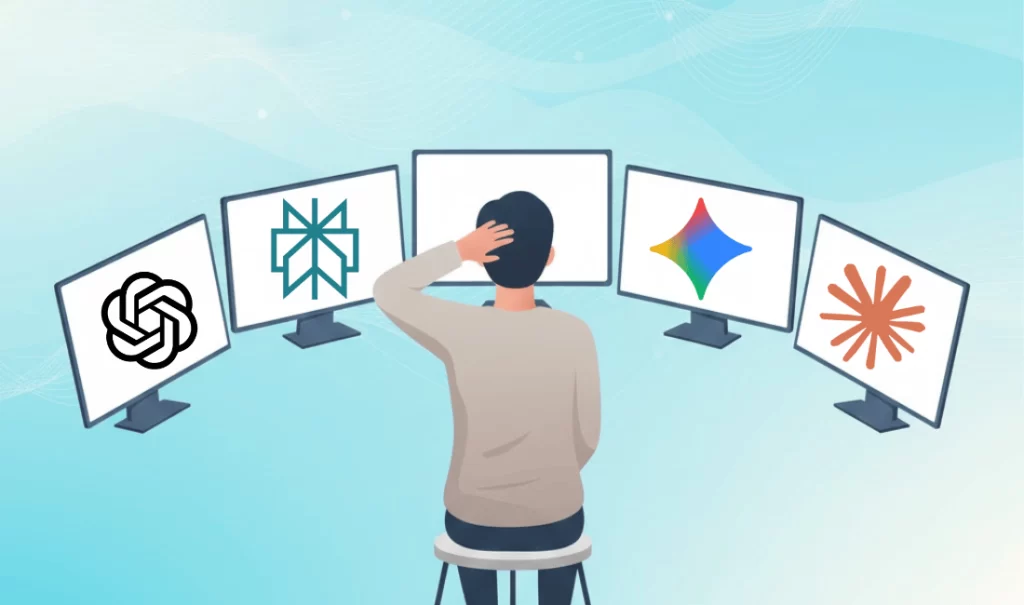 Person som ser på fem dataskjermer før valg av AI-modell i 2025.