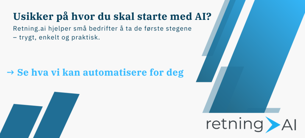 Banner som inviterer små bedrifter til å starte med AI sammen med Retning.ai.